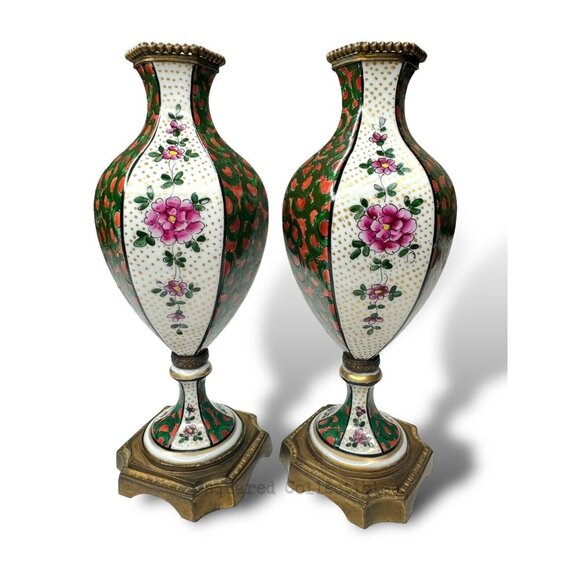 Antique French Sèvres-Style Porcelain Vases Pair w/ Gilt Bases 19th C - Picture 6 of 16